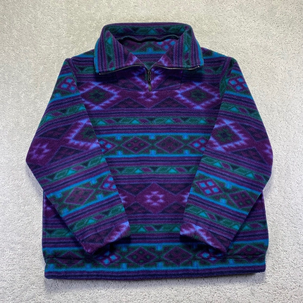 Vintage 70s Fleece Pullover L/XL? Quarter Zip Aztec‎ Geometric Purple Teal Talon
